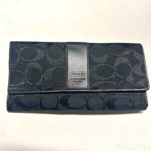Coach Black Jacquard Monogram Canvas & Leather Foldover Wallet